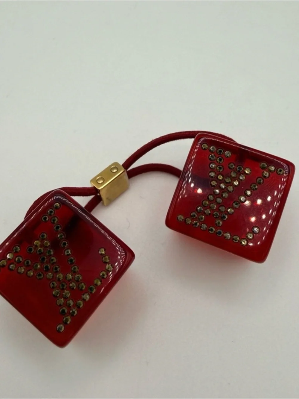 Louis Vuitton Red Logo Cube Hair Tie with Gold Accents - Picture 6 of 10